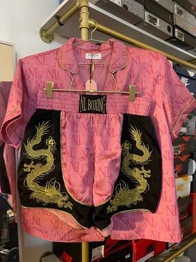 Nichole Lynne Pink Satin Short-Sleeve Boxing Set Top & Shorts with Gold Trim
